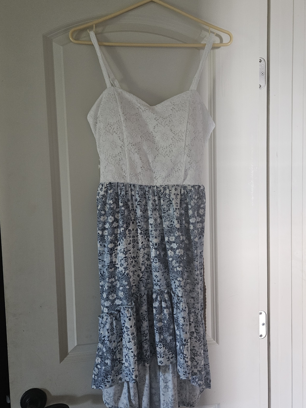 White Lace Top Blue Floral Midi Dress
